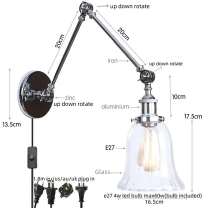 Adjustable chrome industrial wall sconce with clear glass bell shade and e27 led bulb for bedroom decorbites chrome industrial use