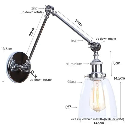 Adjustable wall sconce with chrome finish, clear glass shade, and edison bulb for decorbites chrome industrial led decor