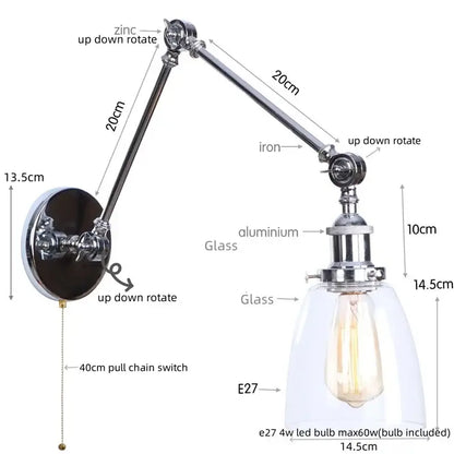 Chrome industrial led wall sconce with adjustable swing arm clear glass shade and exposed edison bulb for bedroom decorbites chrome industrial