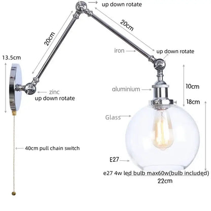 Industrial chrome wall sconce with adjustable swing arm and spherical glass globe housing an e27 led bulb for decorbites chrome industrial style