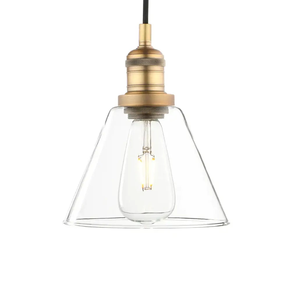 Industrial clear glass funnel flared pendant light with brass socket and exposed Edison bulb for kitchen decorbites clear glass