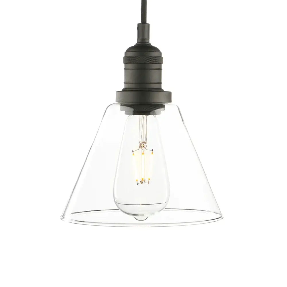 A sleek black finished pendant light with funnel flared clear glass and exposed filament bulb for kitchen decorbites