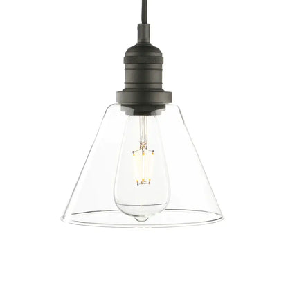 A sleek black finished pendant light with funnel flared clear glass and exposed filament bulb for kitchen decorbites