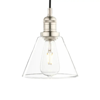 Industrial clear glass funnel flared pendant light with brushed nickel fixture and exposed edison bulb decorbites clear glass
