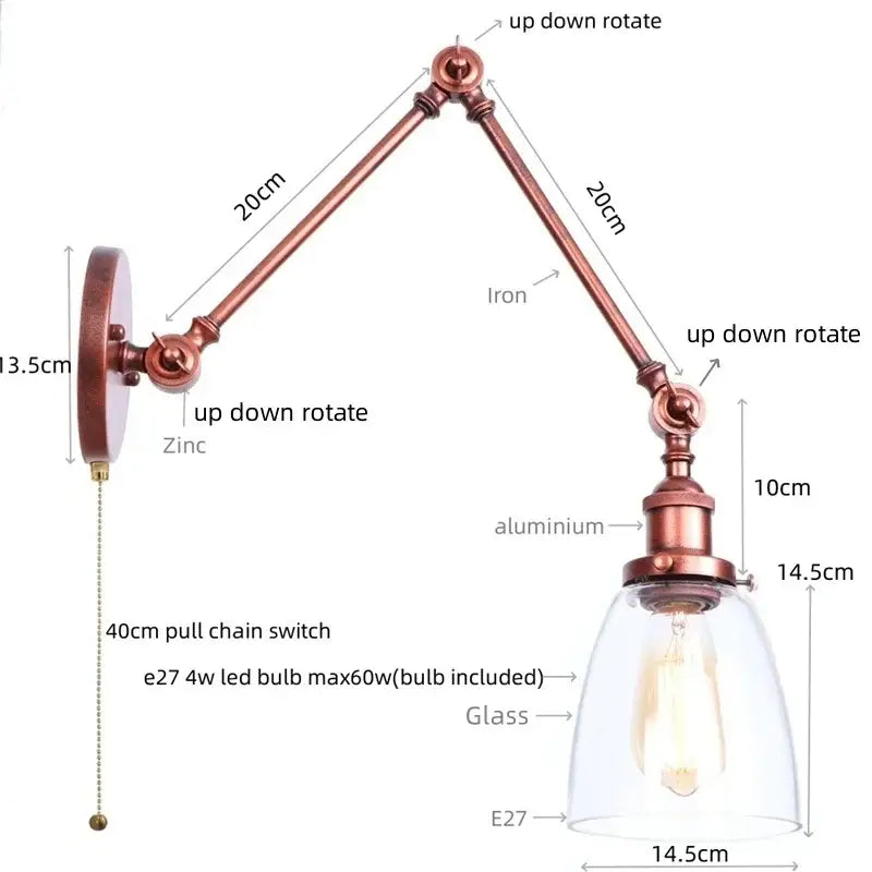 Industrial copper adjustable glass swing arm wall sconce with clear glass shade and e27 led bulb for bedroom decorbites lighting