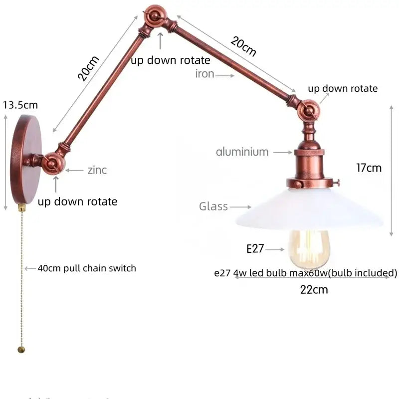 Copper-finished industrial wall sconce with adjustable glass swing arm and e27 led bulb for bedroom decorbites adjustable glass lighting