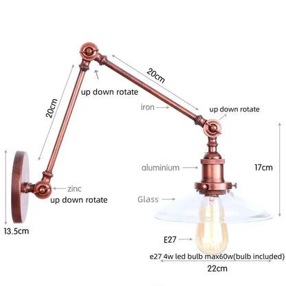 Industrial copper adjustable glass swing arm wall sconce with a clear glass shade and e27 led bulb for bedroom decorbites adjustable glass lighting