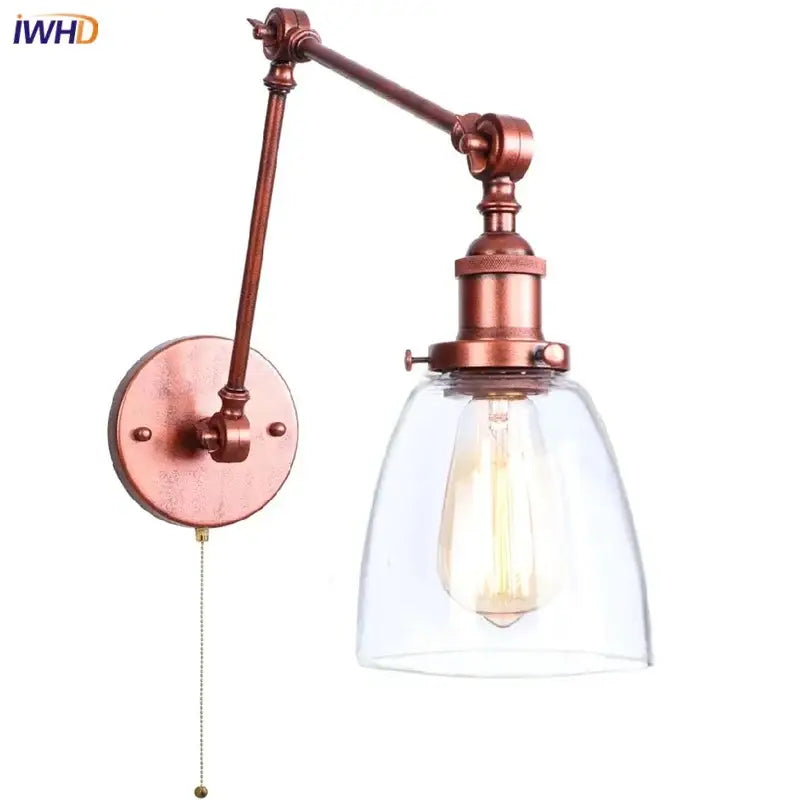Industrial copper adjustable glass swing arm wall sconce with clear glass shade and exposed edison bulb for bedroom decorbites adjustable glass