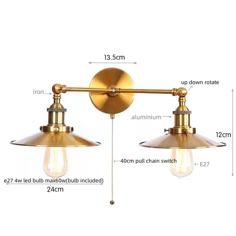Brass-finished industrial copper dual head led wall light with two adjustable conical shades and central pull-chain switch