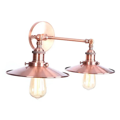 Copper-toned industrial copper dual head led wall light with two exposed filament bulbs and conical shades for bedroom decorbites dual head