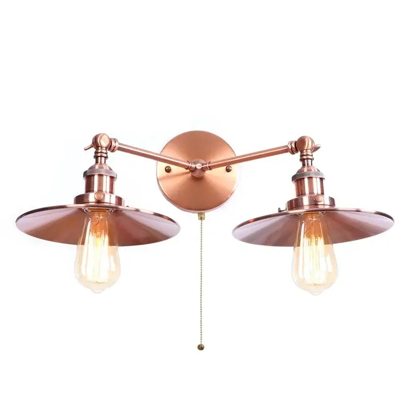 Industrial copper dual head led wall light with two exposed filament bulbs and flared shades for bedroom decorbites wall light