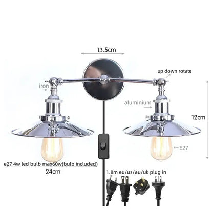 Chrome finished industrial style decorbites dual head wall light with adjustable arms and vintage bulbs for bedroom decor