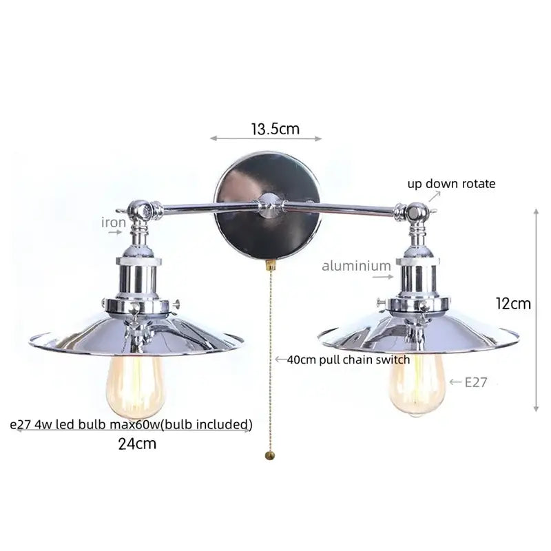Chrome-finished industrial copper dual head pink led wall light with two adjustable arms and vintage edison bulbs for bedroom decorbites dual head wall light