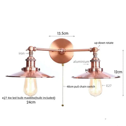 Copper-finished decorbites dual head pink led wall light with two adjustable arms and vintage edison bulbs for bedroom decor