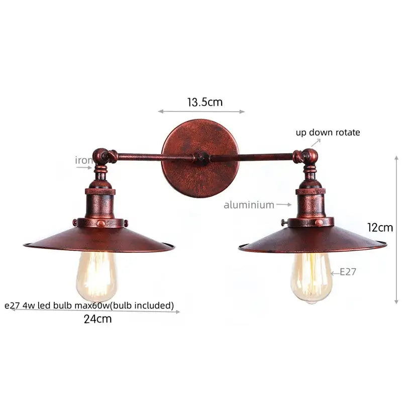 Rustic copper-finished industrial-style decorbites dual head pink led wall light with adjustable arms and vintage bulb sockets
