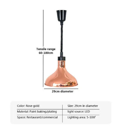 Rose gold copper industrial electric food heat lamp with black flexible gooseneck and led bulb for commercial use