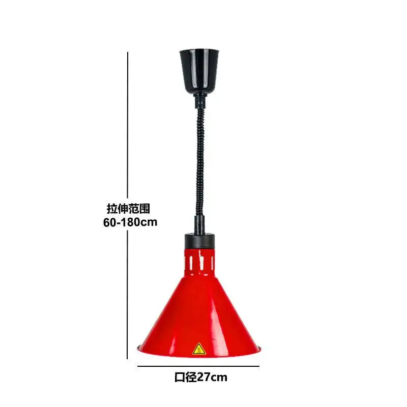 Industrial copper electric heat lamp with red conical shade black flexible gooseneck and adjustable height range