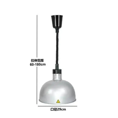 Silver industrial-style electric heat lamp pendant with black flexible gooseneck and adjustable height for kitchen use