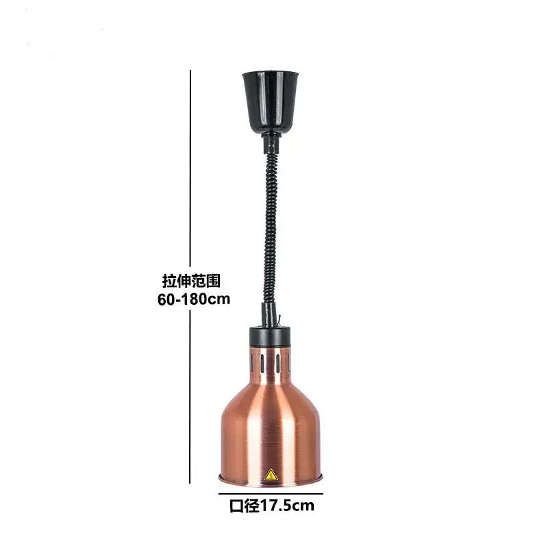 Industrial copper electric heat lamp with black flexible gooseneck and adjustable height for kitchen pendant heating