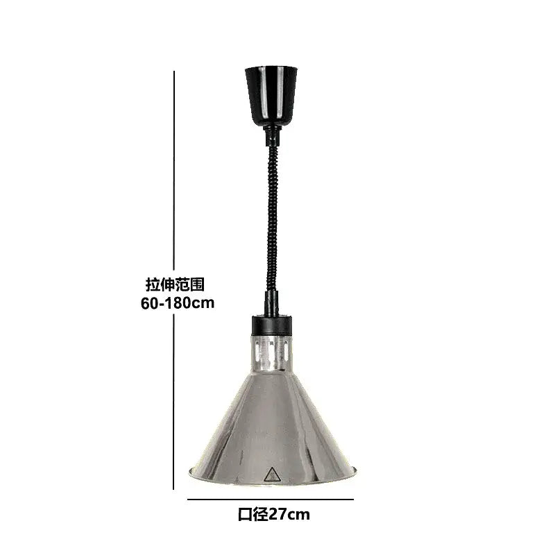 Stainless steel conical electric heat lamp with black flexible gooseneck and adjustable height for kitchen use