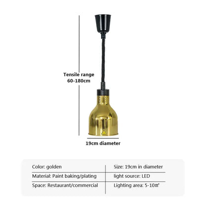 Golden 19cm-diameter industrial copper electric heat lamp with black flexible gooseneck pendant light for dining use