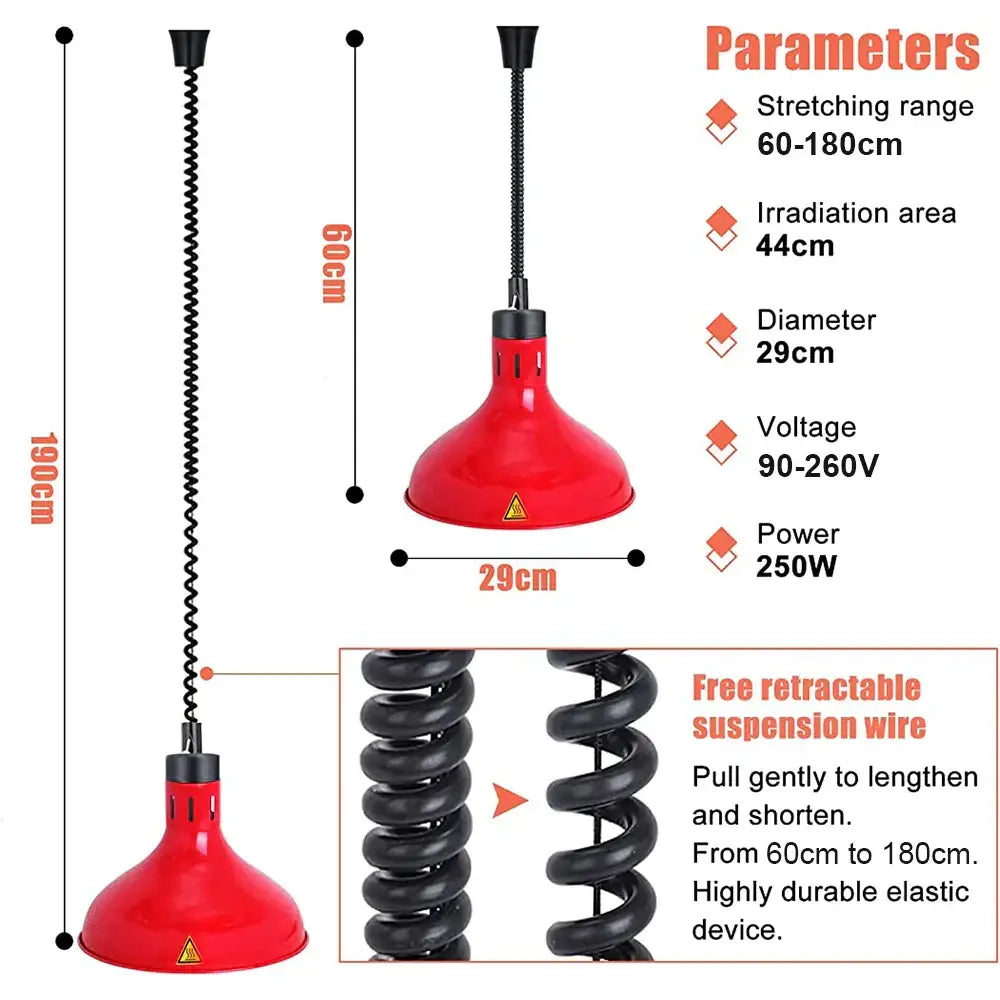 Red glossy plastic dome-shaped electric heat lamp pendant light with black coiled suspension wire for dining room use