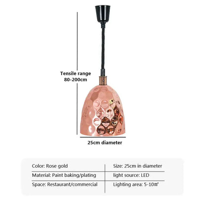 Rose gold hammered dome pendant light with flexible black gooseneck and led bulb for electric heat lamp use in restaurants