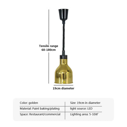 Golden paint-baking metal pendant light with flexible black gooseneck and led electric telescopic food heat source
