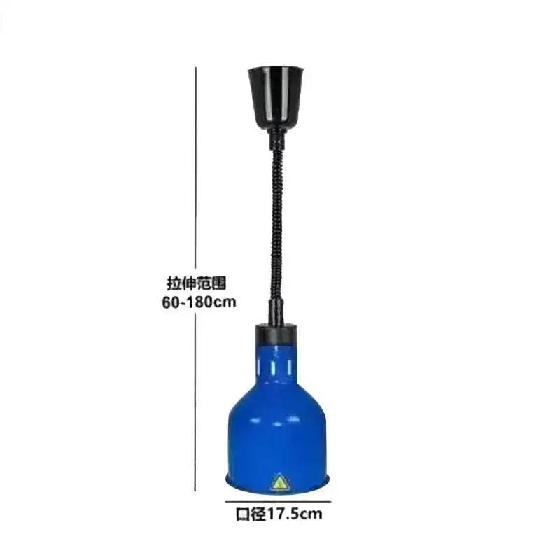 Blue industrial-style electric telescopic heat lamp pendant light with black flexible gooseneck and adjustable height