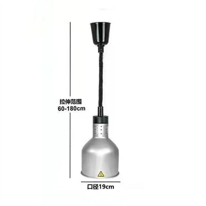 Silver metallic industrial electric telescopic heat lamp pendant light with black gooseneck and 19cm base