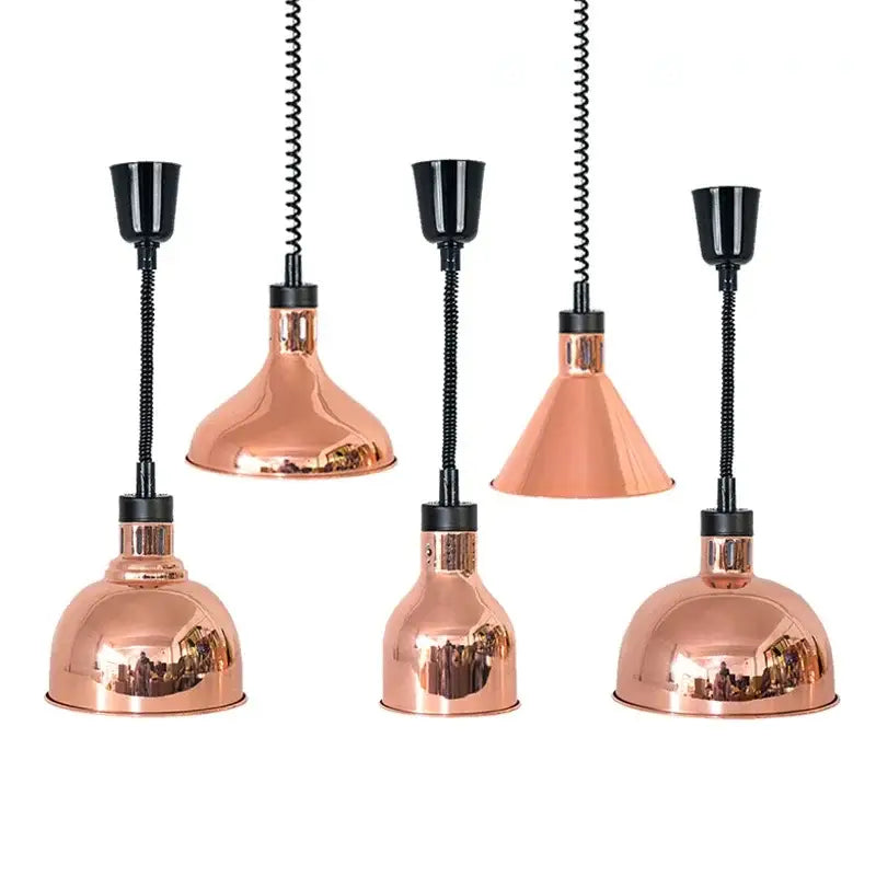 Copper industrial electric telescopic heat lamp pendant light with adjustable heads and black flexible cords for dining room