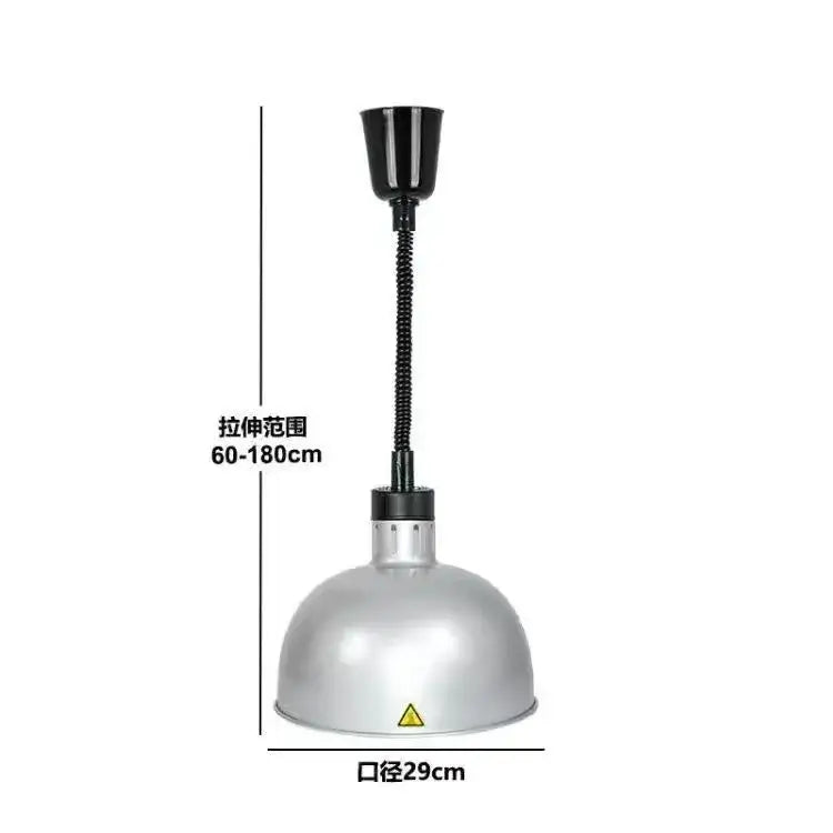 Silver industrial-style electric telescopic heat lamp pendant light with black flexible gooseneck for dining room use
