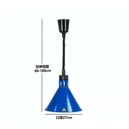Blue conical industrial pendant light with black gooseneck electric telescopic heat lamp for dining room use