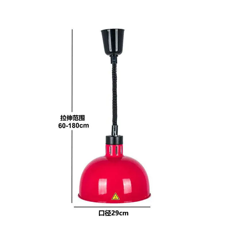 Red dome-shaped industrial copper electric telescopic heat lamp pendant light with black flexible gooseneck and adjustable height