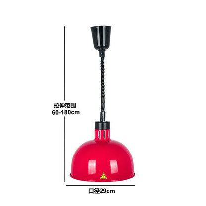 Red dome-shaped industrial copper electric telescopic heat lamp pendant light with black flexible gooseneck and adjustable height