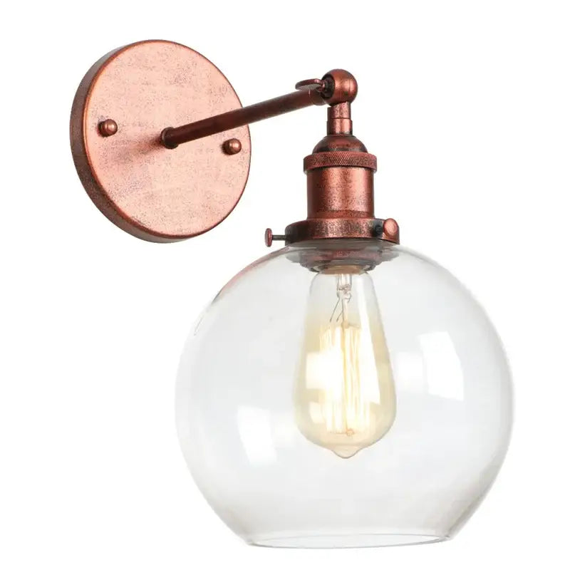 Copper-finished industrial bedside lamp with decorbites glass globe led and exposed filament bulb for bedroom sconce decor