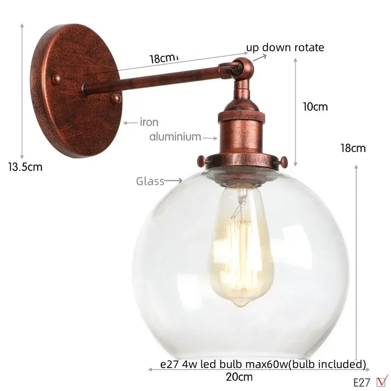 Industrial copper glass globe led bedside lamp with copper-finished iron arm and clear decorbites glass globe housing edison bulb