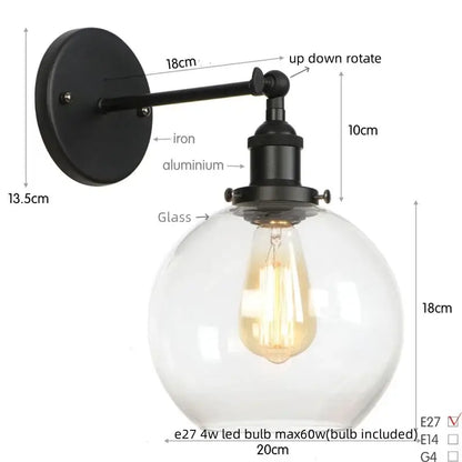 Black iron and aluminum wall sconce with decorbites glass globe led and exposed edison bulb for industrial bedroom decor