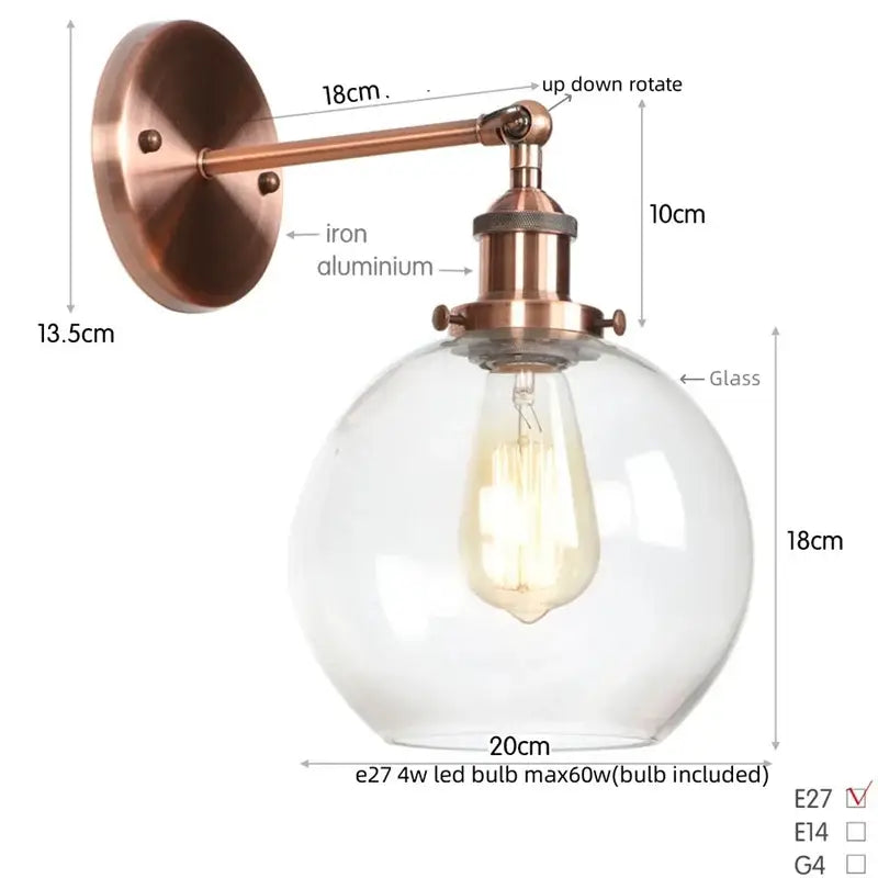 Industrial copper glass globe led wall sconce with exposed edison bulb for bedroom decorbites glass globe lighting