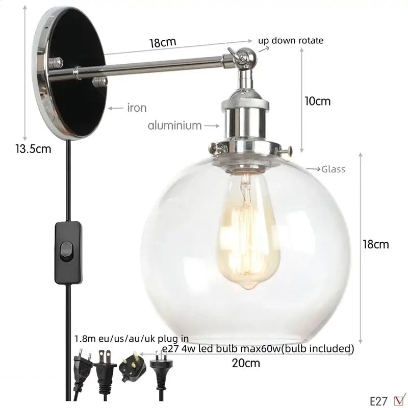 A sleek industrial copper wall sconce with a decorbites glass globe led and polished chrome adjustable arm