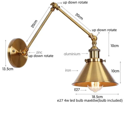 Brass-finished industrial copper iron led wall lamp with adjustable conical shade and pull chain for bedroom decorbites iron led