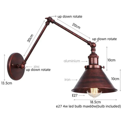 Industrial copper iron led wall lamp with bronze metal frame, conical shade, adjustable zinc and aluminum arms for bedroom decorbites iron led wall lamp