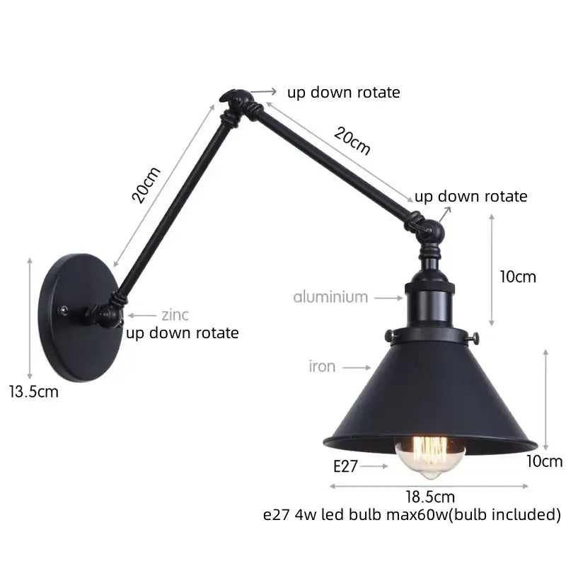Black industrial-style adjustable wall lamp with matte aluminum and iron iron led wall for bedroom decorbites iron led