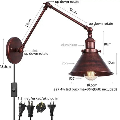 Industrial copper iron led wall lamp with bronze metal frame and adjustable zinc alloy arm for bedroom decorbites iron led