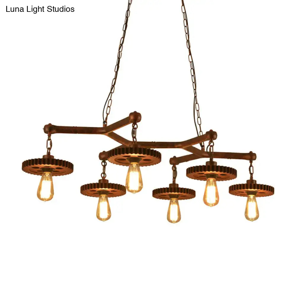 Industrial copper metal island lamp dining room gear chandelier with brass-colored five-bulb exposed edison bulbs and gear shades