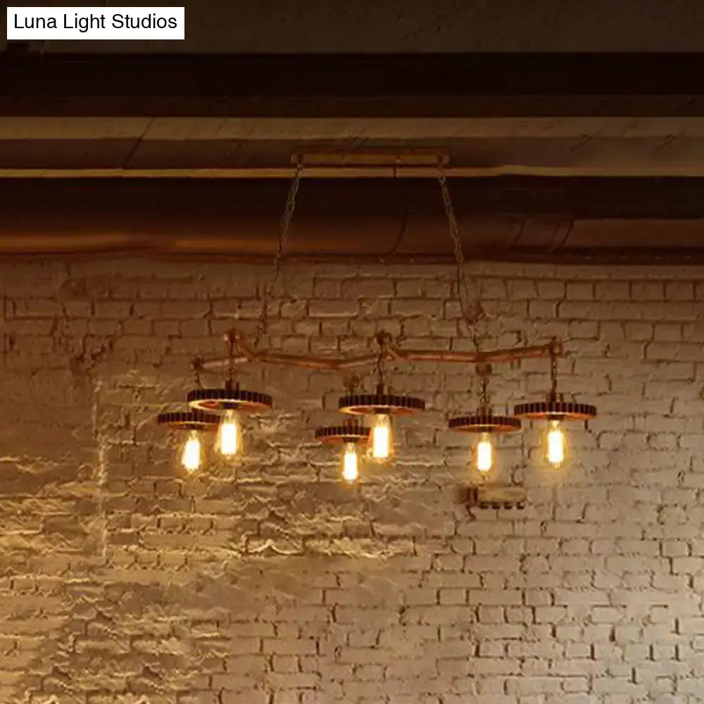 Industrial copper metal island lamp dining room gear chandelier with five exposed Edison bulbs in dark metal shades