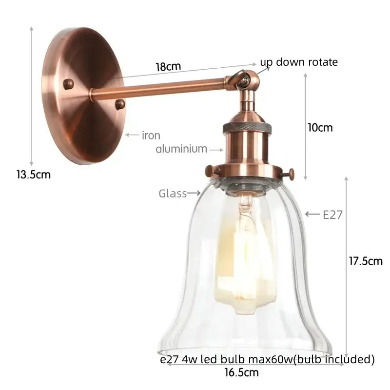 Copper-finished industrial wall light with clear glass shade and E27 led bulb for decorbites loft clear bedroom sconce
