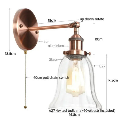 Industrial copper wall light with clear glass shade and e27 led bulb for bedroom sconce decorbites loft clear design