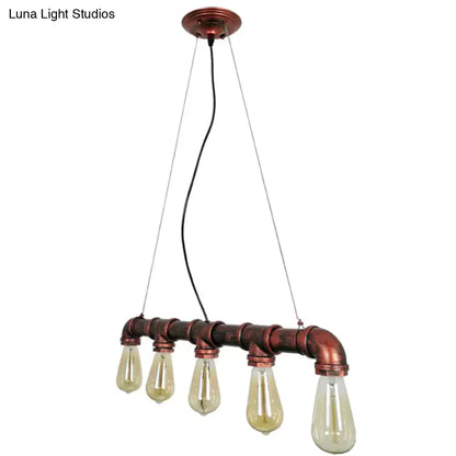 Industrial copper water pipe chandelier light fixture with four exposed edison bulbs for dining room use