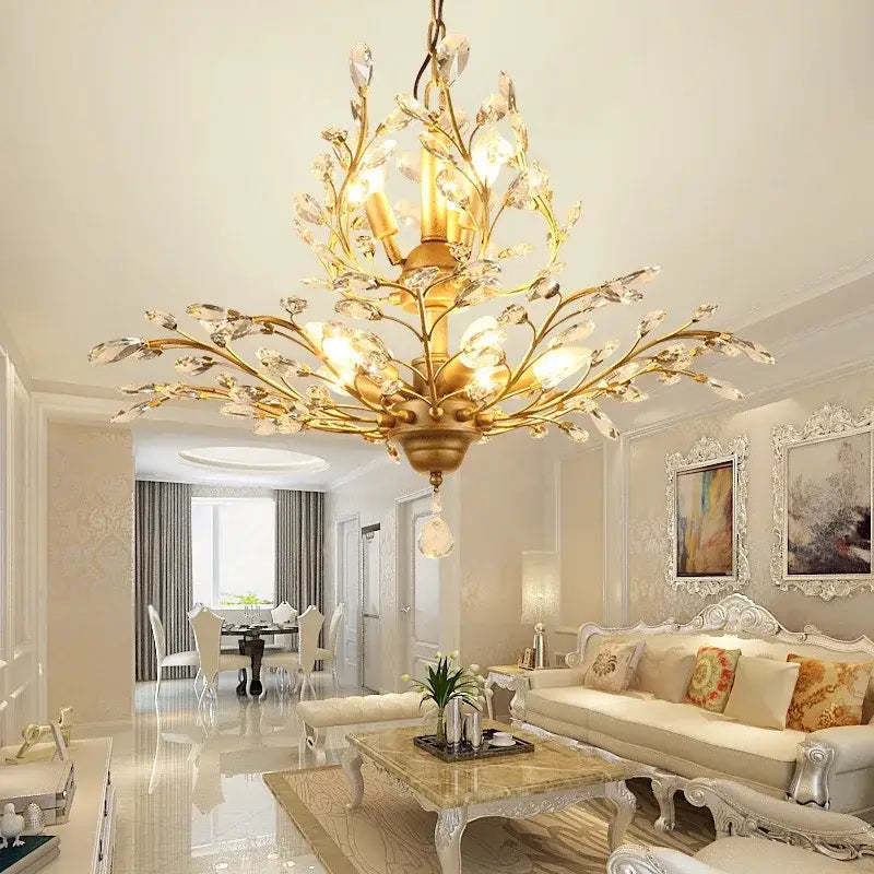 Golden industrial crystal chandelier with antique bronze branch design and crystal accents for dining room decorbites industrial